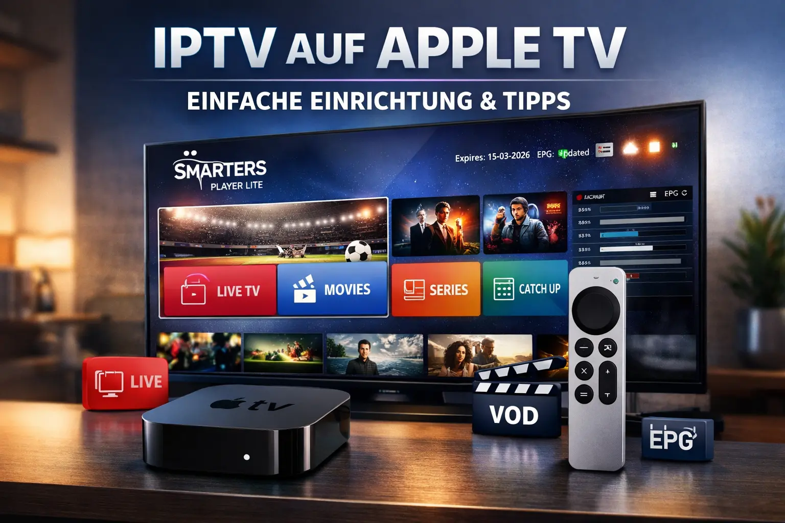 Apple TV 4K mit Siri Remote auf einem modernen TV-Setup, auf dem die Smarters Player Lite IPTV-Oberfläche mit Live TV, Movies, Series und Catch Up Kategorien sowie EPG-Funktion angezeigt wird.