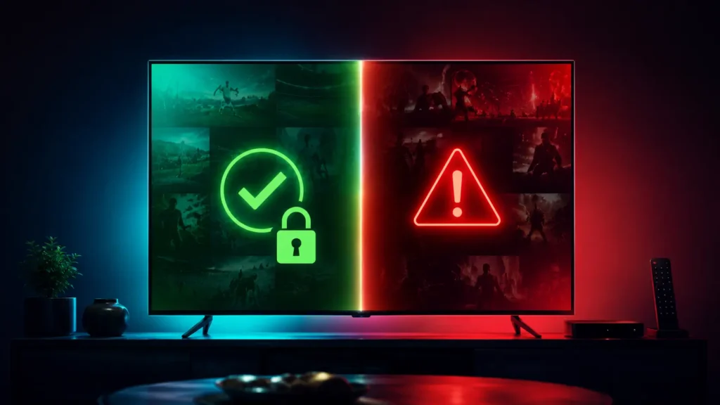 Konzeptionelle Darstellung von illegalem IPTV und legalem IPTV auf einem geteilten Smart-TV mit grüner sicherer Seite und roter Warnseite für nicht autorisierte Streaming-Dienste.