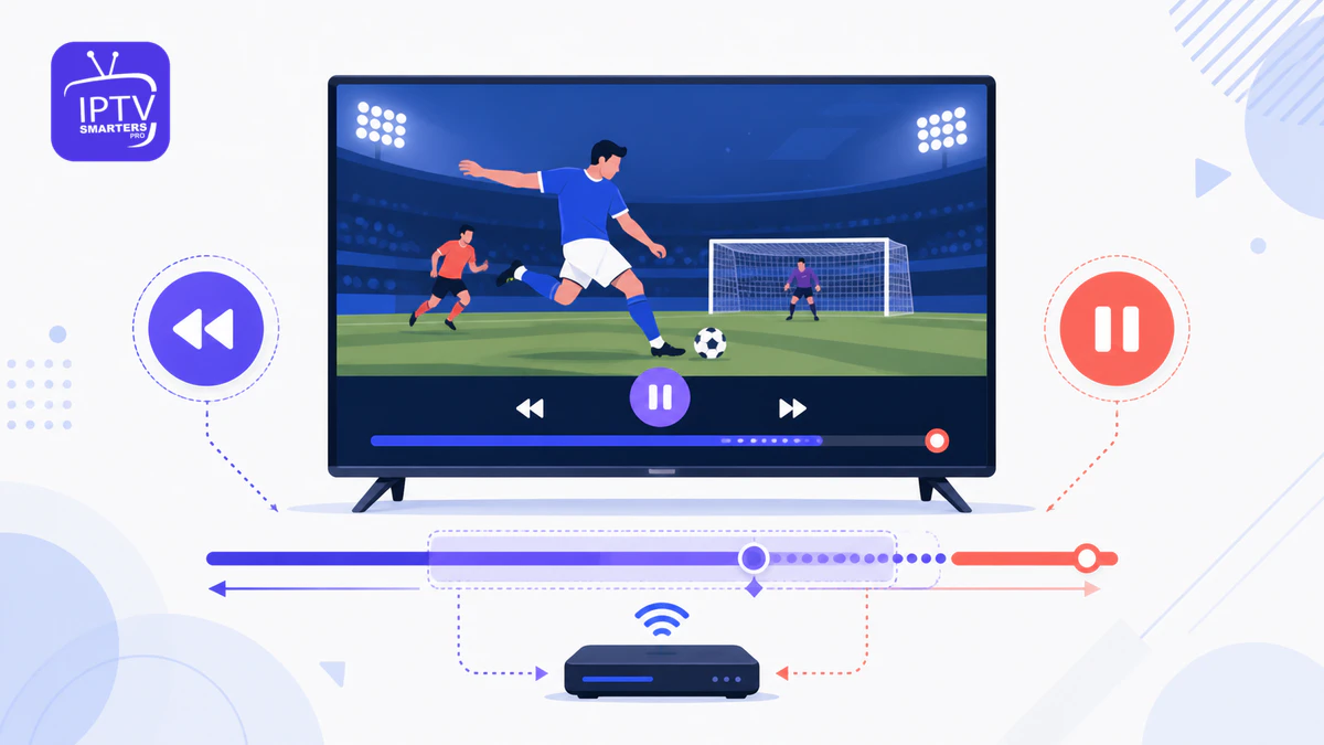 IPTV Smarters Pro Timeshift 2026 auf einem Fernseher mit Pause und Rücklauf
