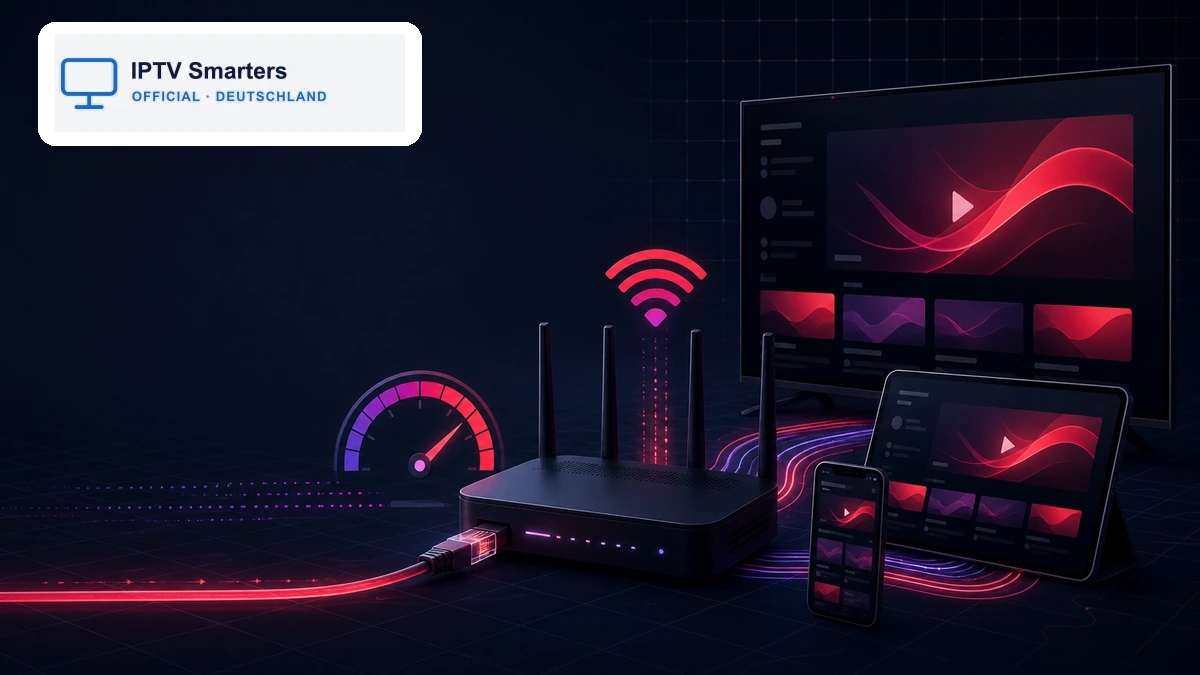 IPTV Bandbreite mit Router, Fernseher, Tablet, Smartphone, Ethernet und Geschwindigkeitsanzeige