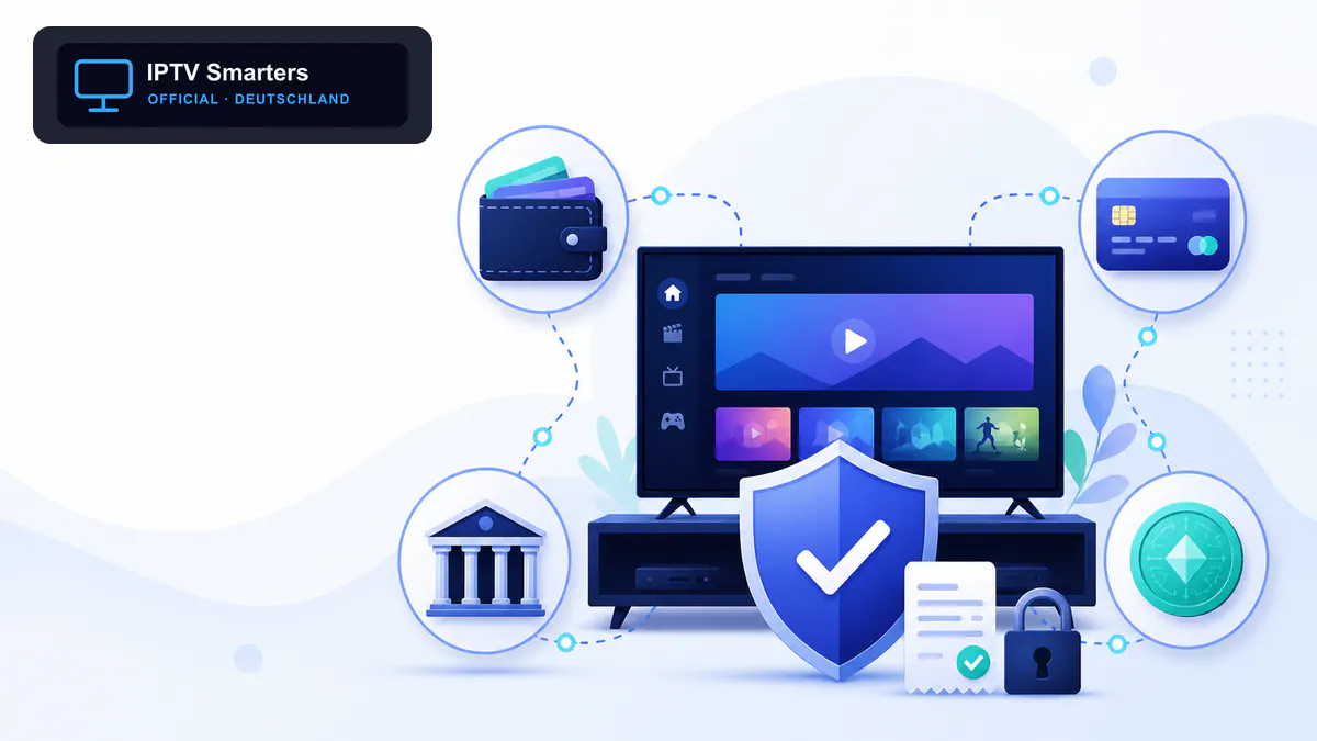 IPTV Bezahlmethoden 2026 mit PayPal, Kreditkarte, Bank und Sicherheitsschild