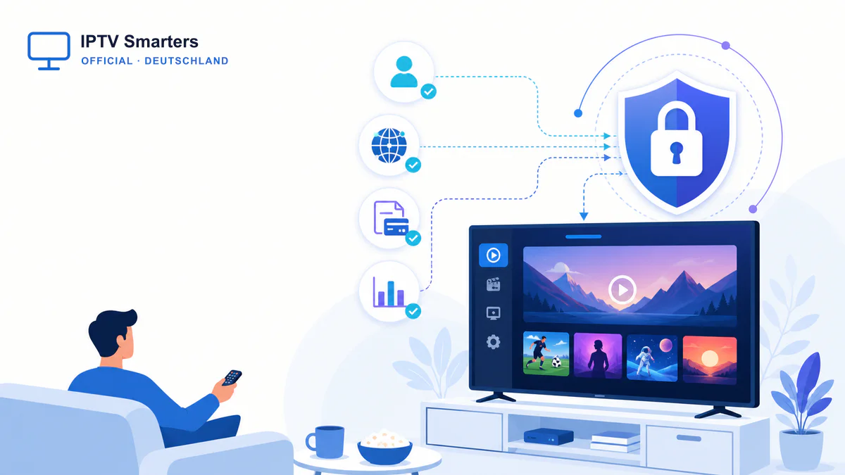 IPTV Datenschutz DSGVO 2026 mit Datenschild, Smart-TV und Datenschutzerklärung