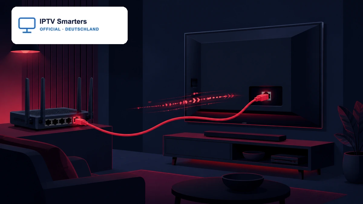 Smart TV mit rotem Ethernet-Kabel direkt am Router für stabiles IPTV