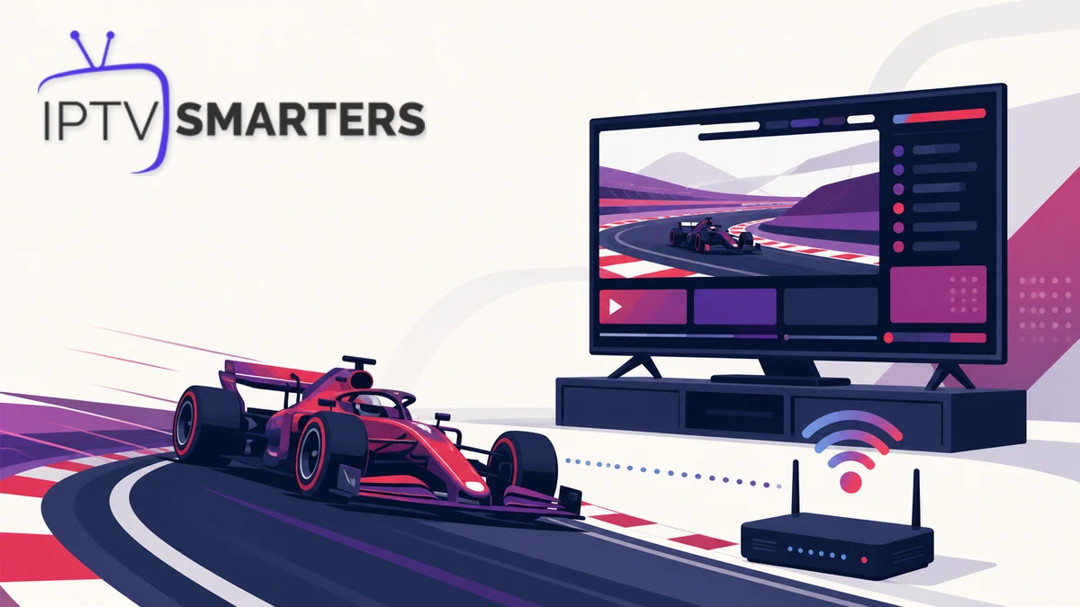 IPTV Formel 1 2026 auf Fernseher mit Rennwagen und stabilem Netzwerk