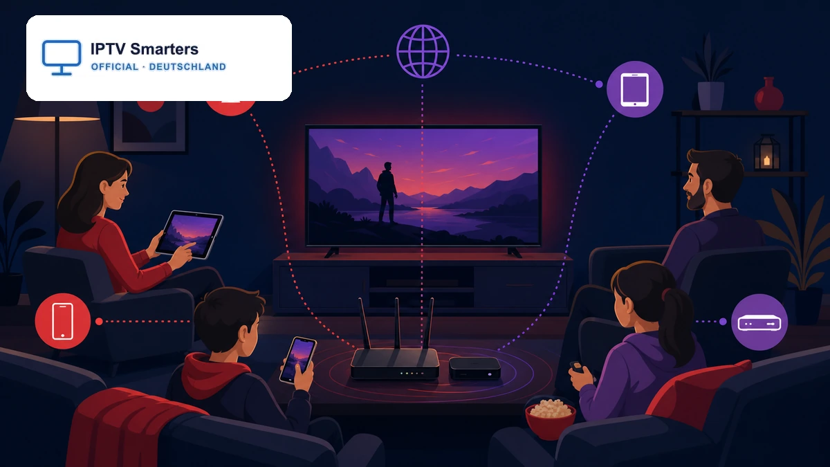 Vier Bildschirme einer Familie sicher mit IPTV und einem Router verbunden