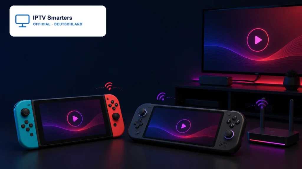 IPTV auf Nintendo Switch und Steam Deck mit Router, Fernseher und Streaming-Symbolen