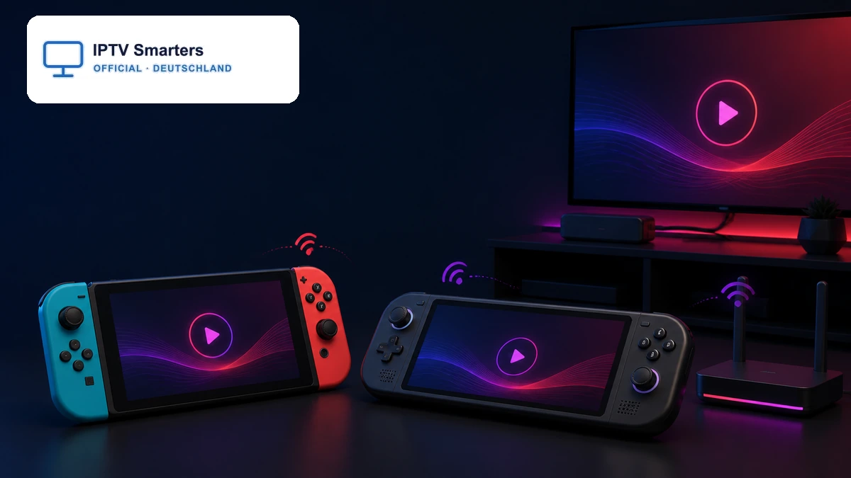 IPTV auf Nintendo Switch und Steam Deck mit Router, Fernseher und Streaming-Symbolen