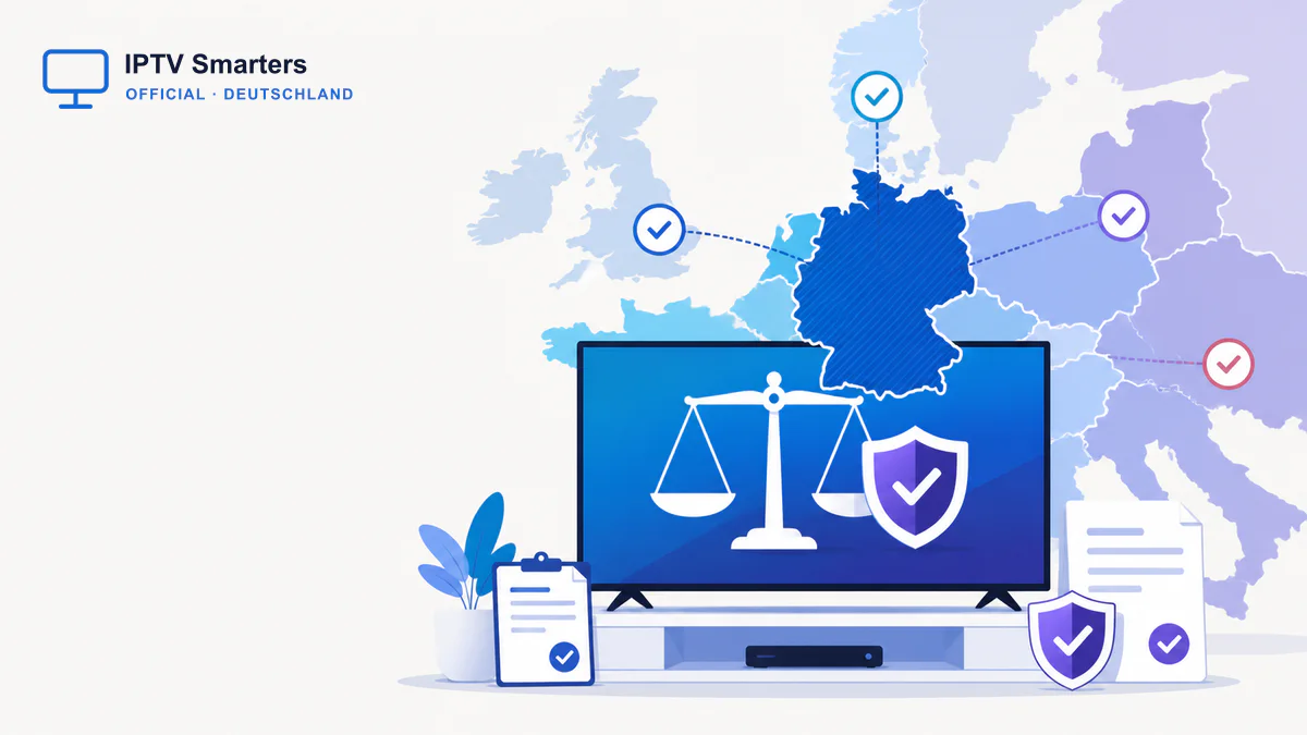IPTV rechtlich Deutschland EU 2026 mit Europakarte, Waage und Smart-TV