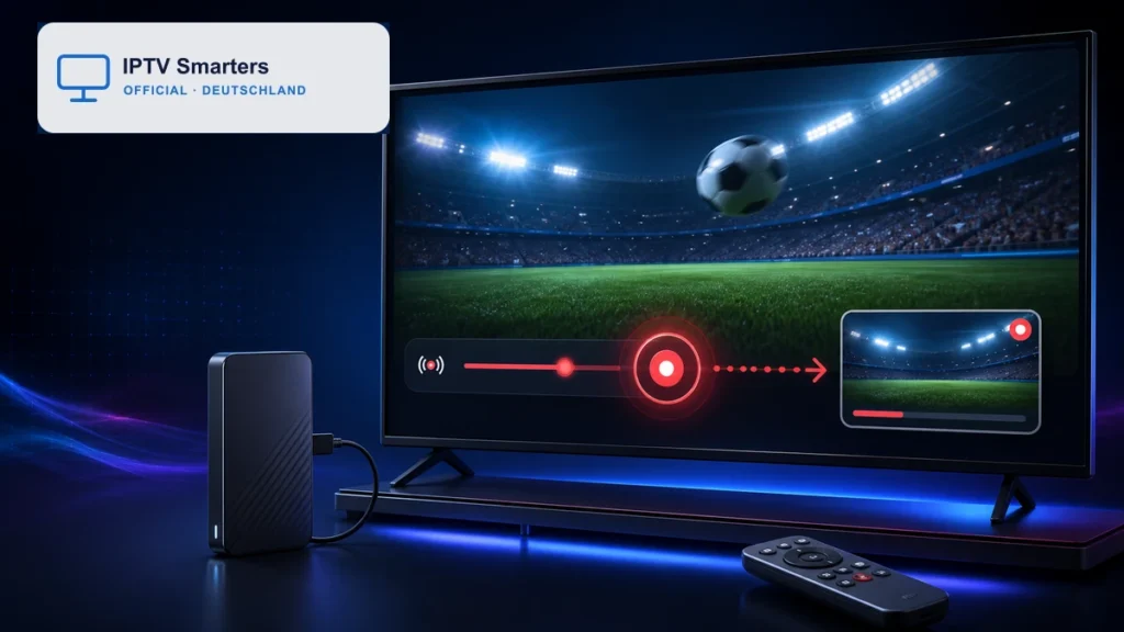 IPTV Smarters Pro Aufnahmefunktion mit Fernseher, rotem Aufnahmesymbol, USB-Speicher und Zeitplanung