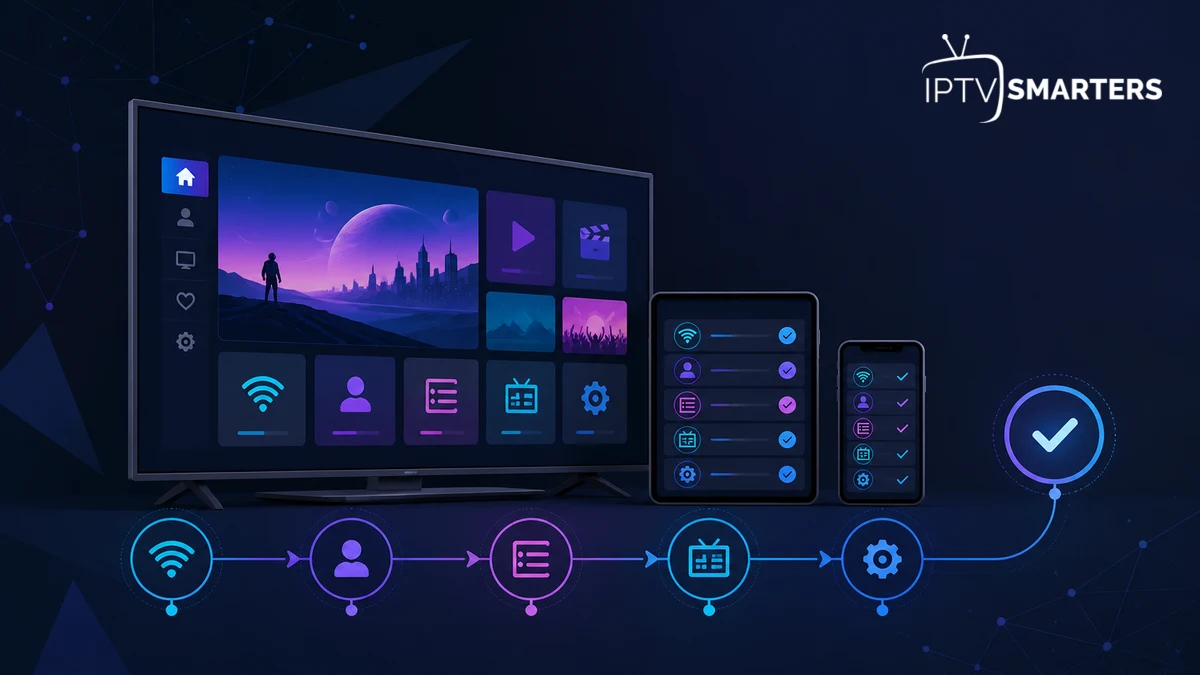IPTV Smarters Pro Ersteinrichtung 2026 auf Fernseher, Smartphone und Tablet mit Setup-Schritten