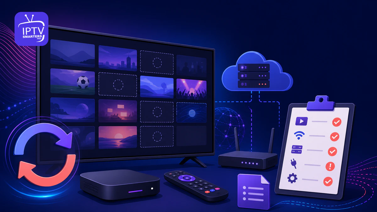 IPTV Smarters Pro Sender fehlen mit leeren Kacheln, Aktualisierung, Server, Router und Diagnose-Checkliste