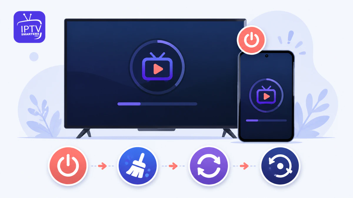 IPTV Smarters Pro startet nicht mit Fernseher, Smartphone, Cache-, Update- und Neustart-Symbolen