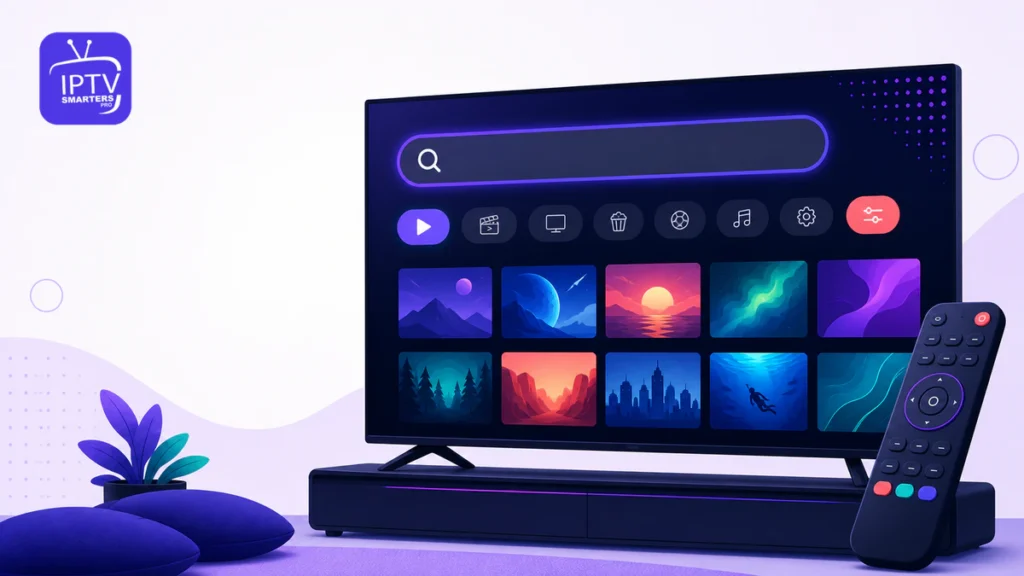 IPTV Smarters Pro Suche mit Suchfeld, Filtern, Mediathek und Fernbedienung
