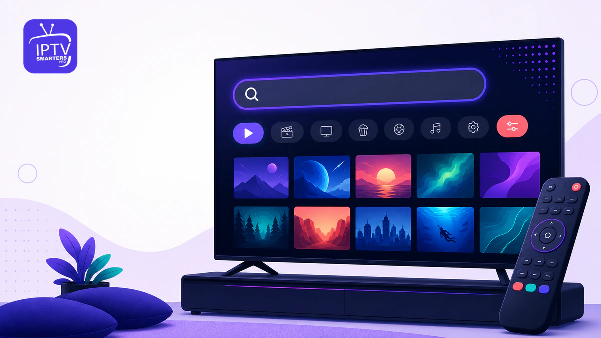IPTV Smarters Pro Suche mit Suchfeld, Filtern, Mediathek und Fernbedienung