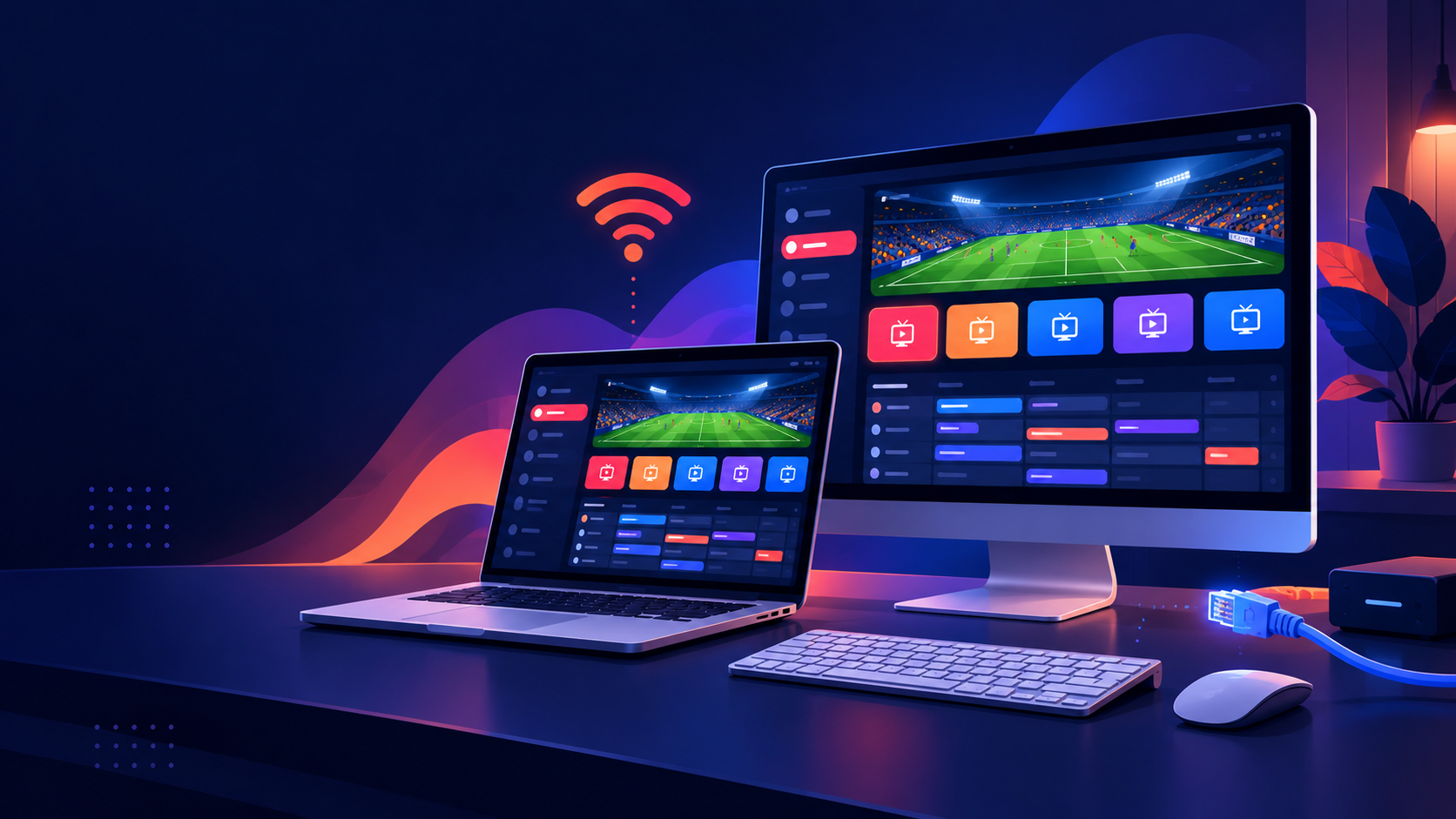 Illustration: IPTV Smarters Pro auf Laptop und Desktop-Monitor